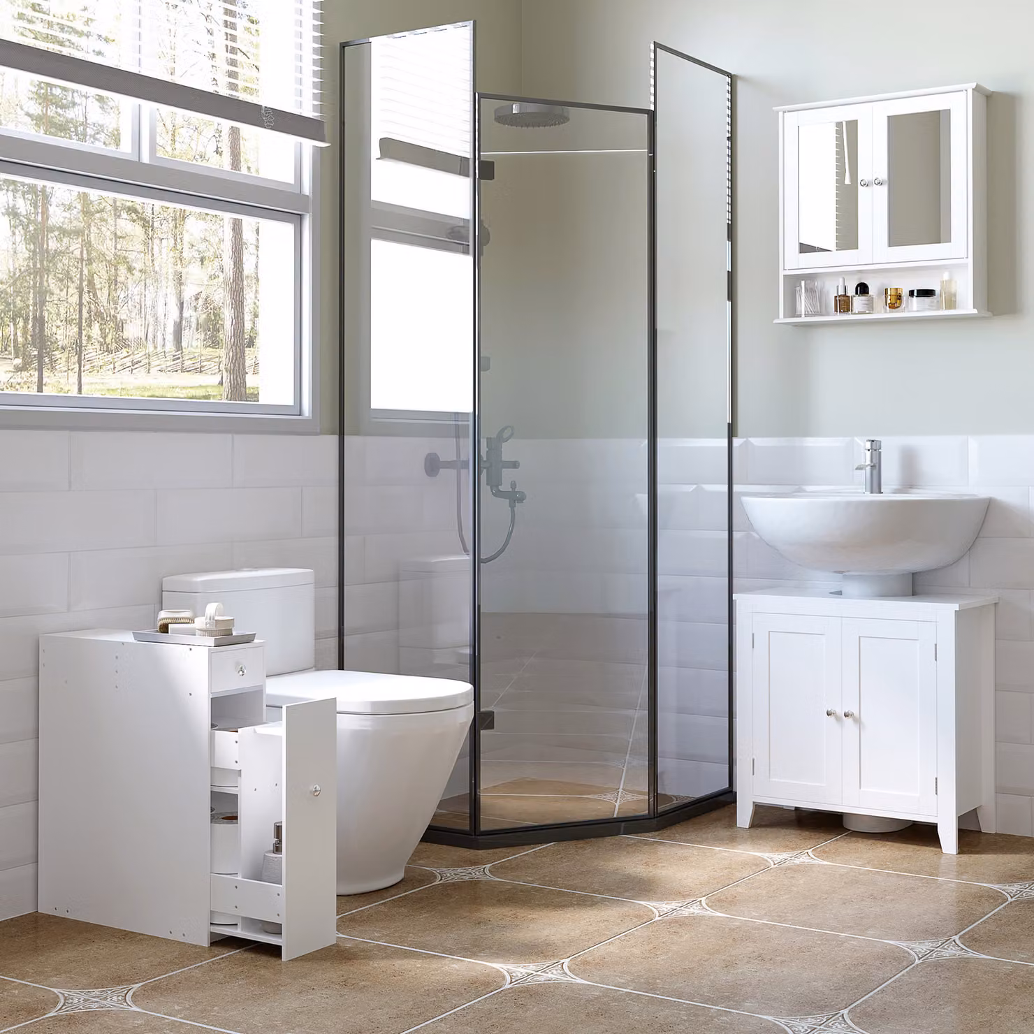 HOMCOM Slim Freestanding White Wooden Bathroom Cabinet with Toilet Paper Holder – 3