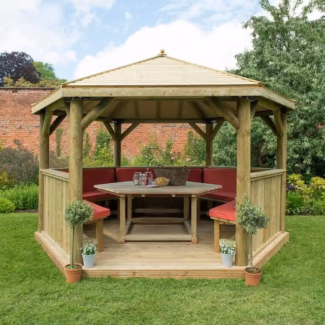 Forest Hexagonal Garden Gazebo in Red and Pine Wood with Metal Frame, 4 Metre
