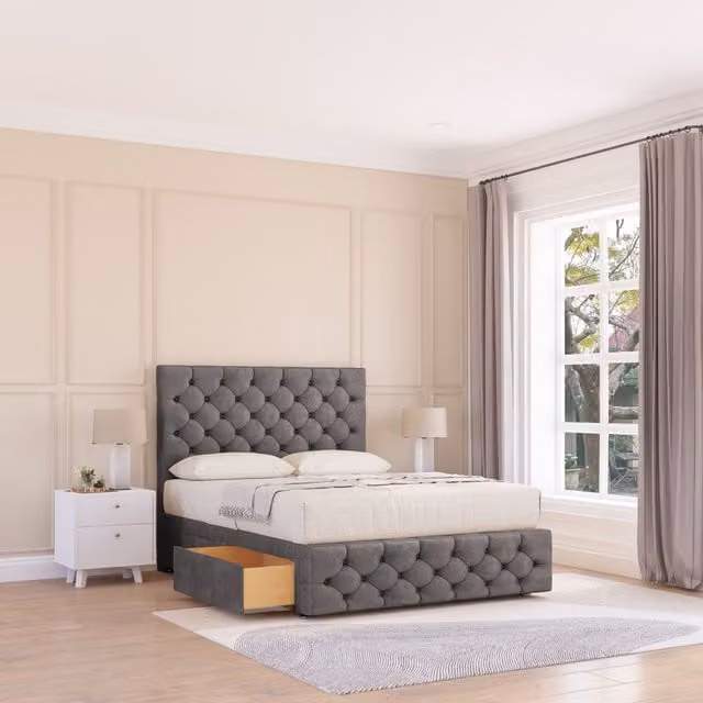 Sloomy Watson Chesterfield Divan Bed Base with 2 Drawers and Floor Standing Headboard, Grey, W/D/H: 120 x 200 x 90 cm