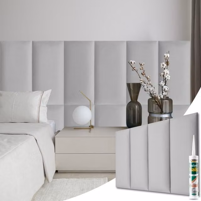 Novecrafto Set of 6 Soft Velvet Upholstered Wall Panels in Grey with Adhesive, W: 60 cm, H: 30 cm – 1