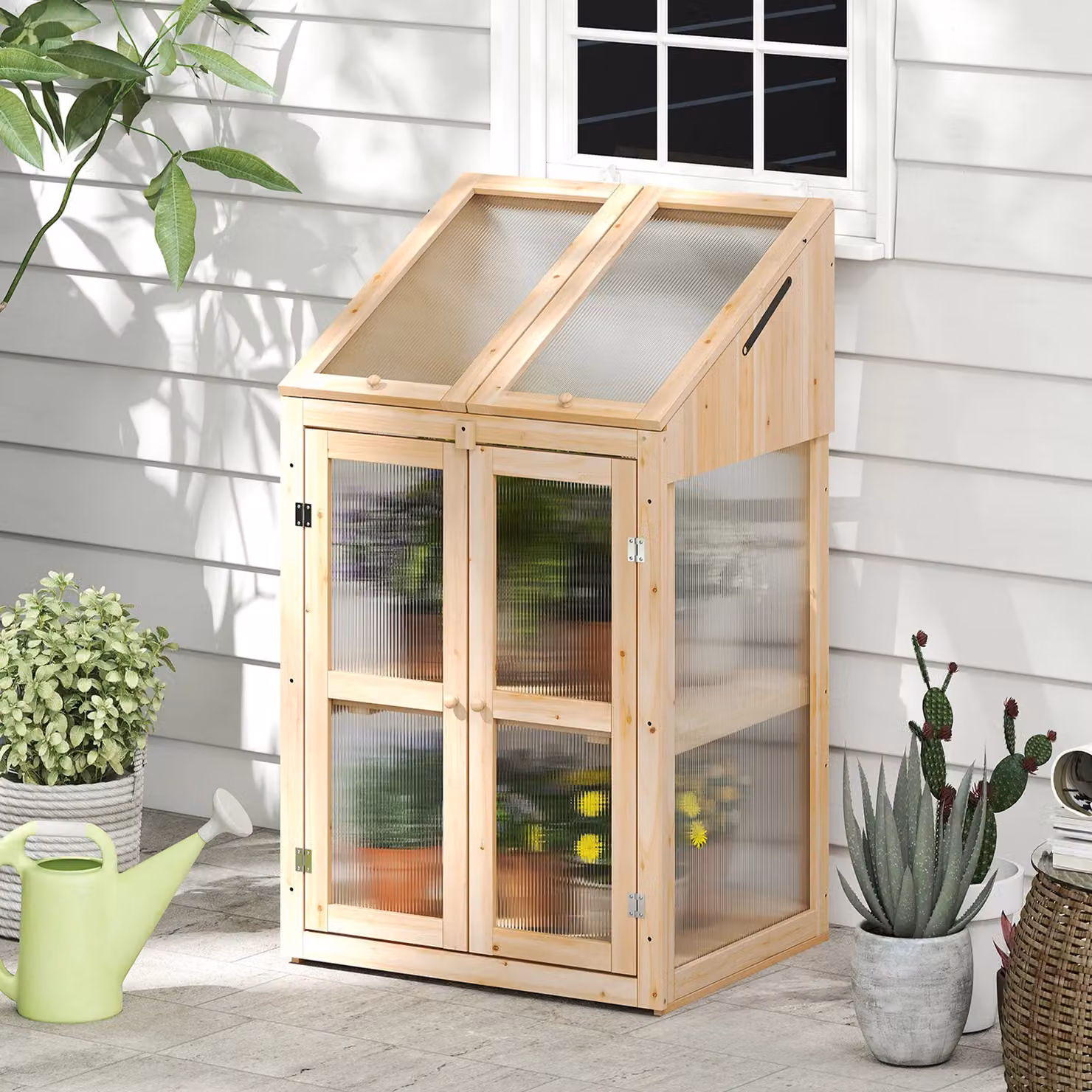 Costway Wooden Portable Cold Frame Greenhouse and Raised Flower Planter in Natural Brown – 3