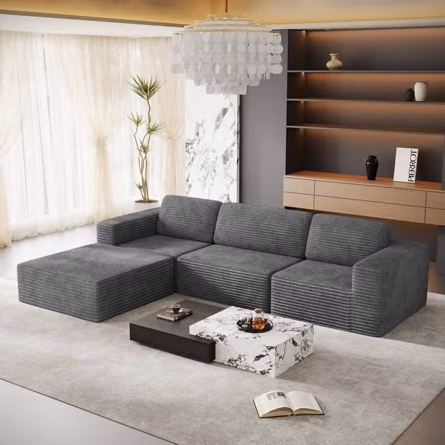 Dprodo Grey Corduroy Modular L-Shape Sofa with Matching Ottoman and Removable Covers