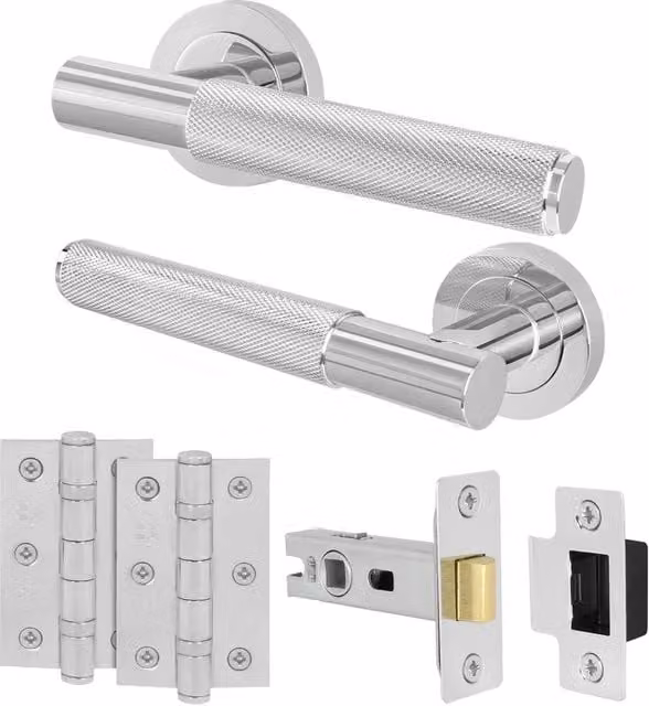 AFIT Polished Chrome Rose Latch Door Handle Kit with 2 Knurled Hinges in Silver
