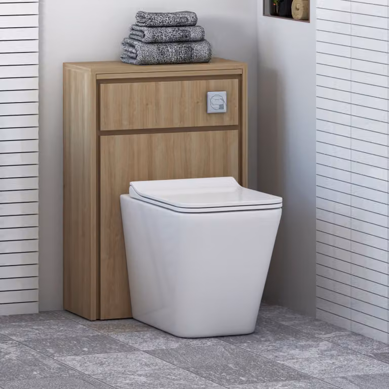 Livora Natural Oak Wall Mounted WC Unit with Elena Rimless Ceramic Toilet Pan, Slim Soft Close Seat and Cistern, Width: 55.5 cm