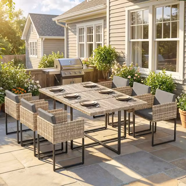 Outsunny Seven Piece Modern Rattan Garden Furniture Set with Rectangular Table in Brown