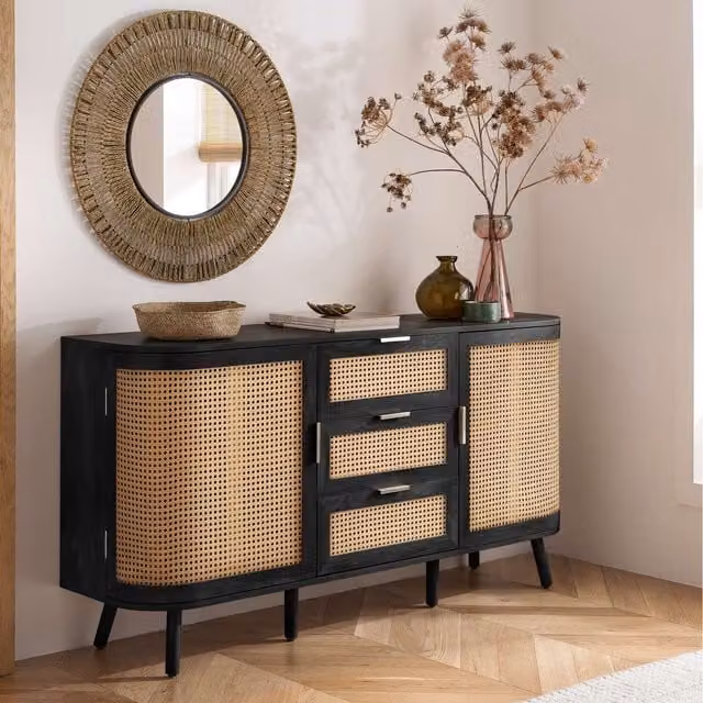 Birlea Sark Curved Rattan Sideboard with 2 Doors and 3 Drawers in Matt Black