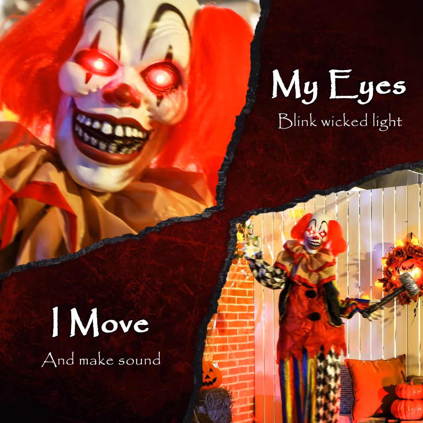 OUTSUNNY Sound Activated Halloween Animatronics Clown with Red Light Up Eyes, Multicolour – 4