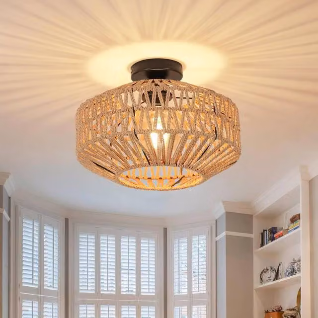 Goeco Brown Rattan Pendant Ceiling Light with E27 Socket, Vintage Boho Style