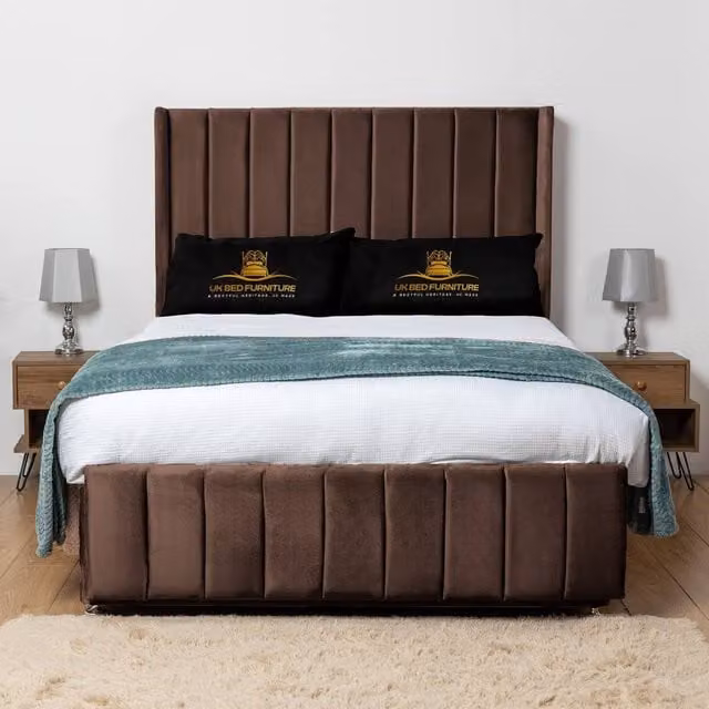 UK Bed Furniture Arizona Wingback Divan Bed Base with 54 Inch Headboard in Brown Velvet, W/D/H: 140 x 200 cm
