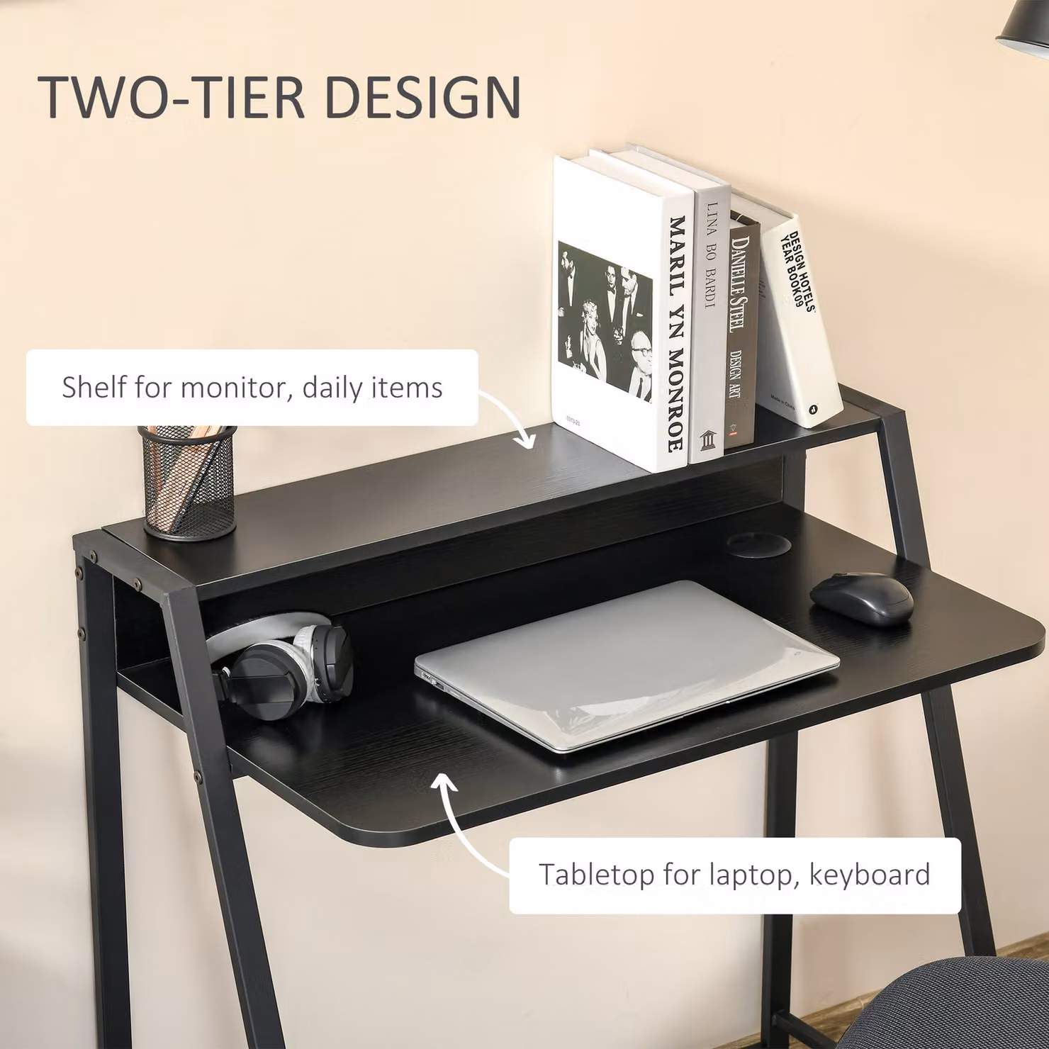 HOMCOM Black Minimalist Computer Desk with Storage Shelf for Home Office – 4
