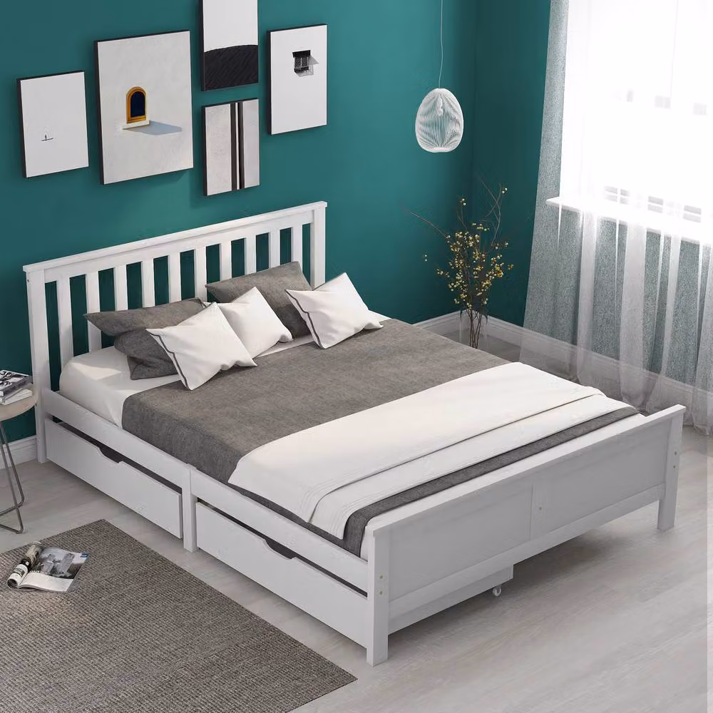 BTM White Solid Pine Wood Bed Frame with Storage Drawers, 140 x 200 cm – 4