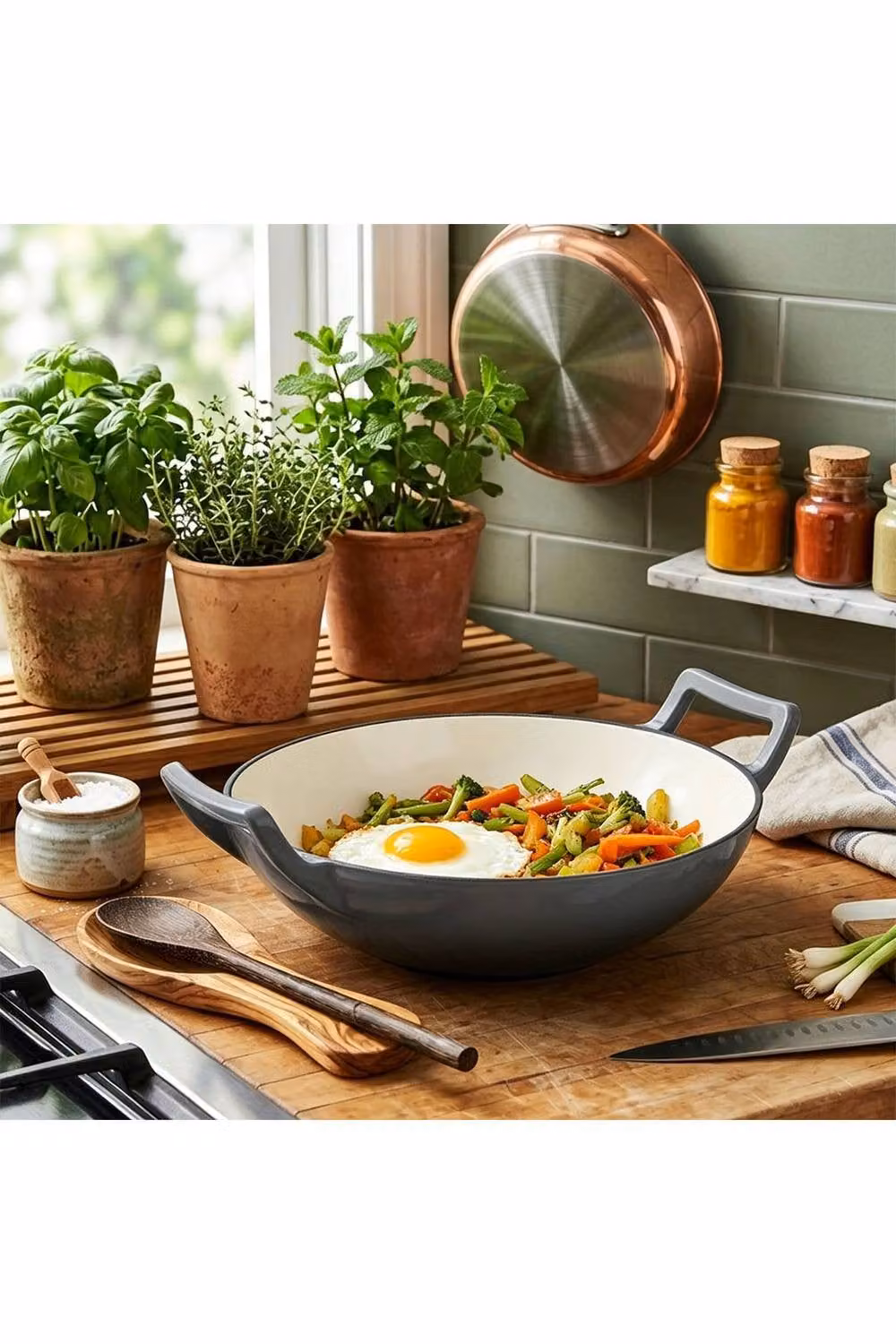 Living and Home Enamelled Cast Iron Stir-Fry Pan Wok, Grey, Depth: 30 cm – 4