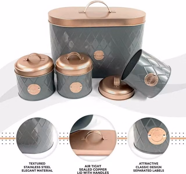 EONLION 4-Piece Grey Stainless Steel Airtight Kitchen Tea and Coffee Sugar Set