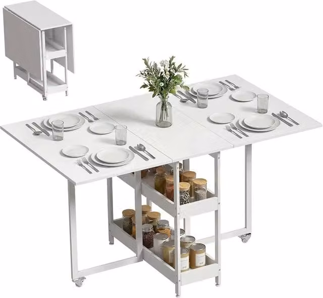 VOGREX White 4-Seater Modern Folding Drop-Leaf Dining Table with Castors, W/D/H: 133.4 x 50.2 x 75 cm