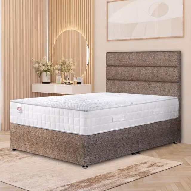 Horizona Tweed Super King Divan Bed Set with Pocket Spring Hybrid Mattress and Floor Standing Headboard in Brown