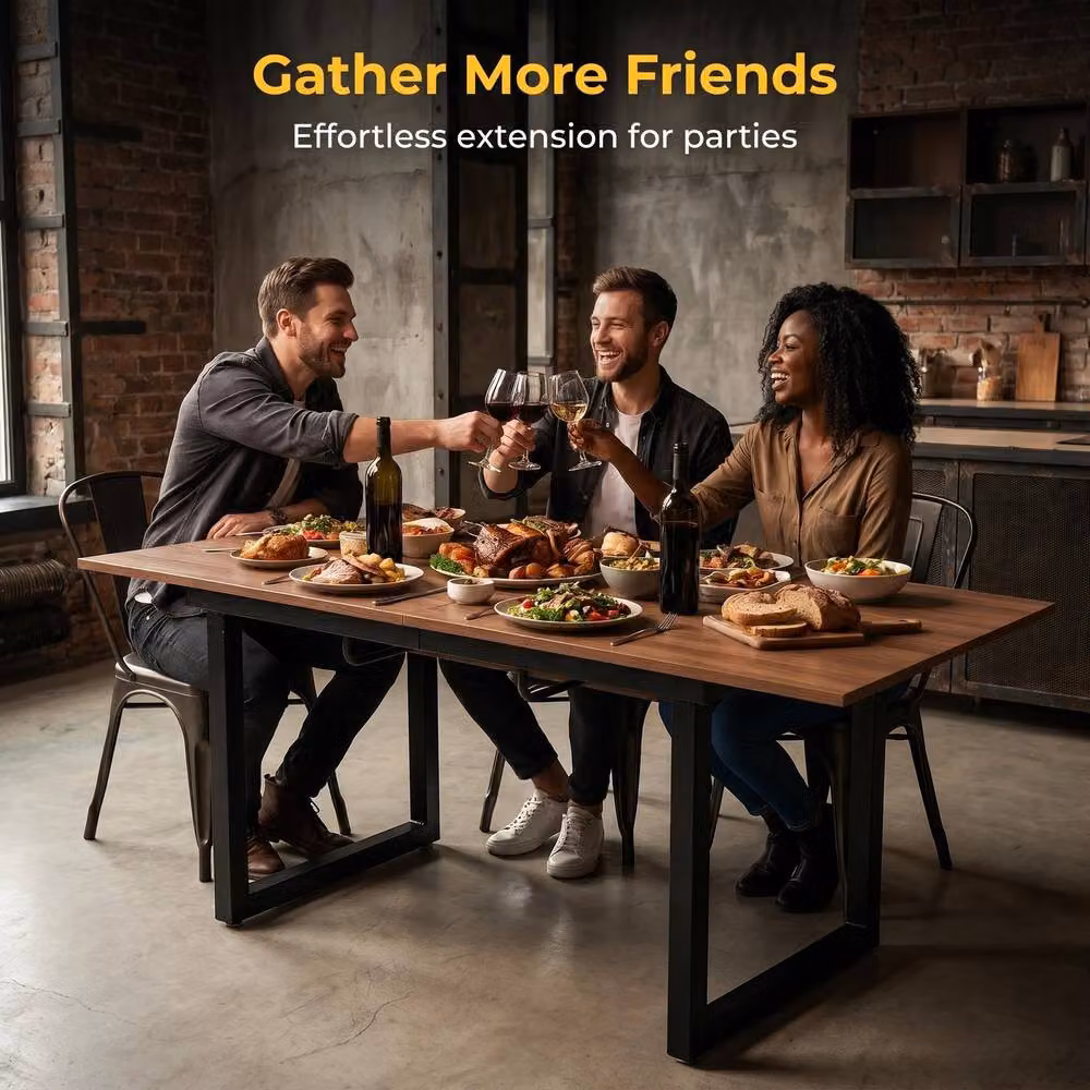HomeTouch Modern Extendable Dining Table in Walnut and Black with Robust Metal Legs, W: 140 cm, D: 80 cm, H: 76 cm – 5