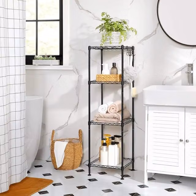 SONGMICS Compact Expandable Metal Bathroom Shelf with Adjustable Shelves and Hooks in Matt Black – 1