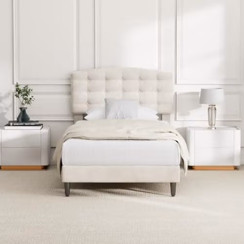MCC Direct Cheyenne Single Velvet Upholstered Bed Frame in Beige, W/D/H: 90 x 190 x 105 cm