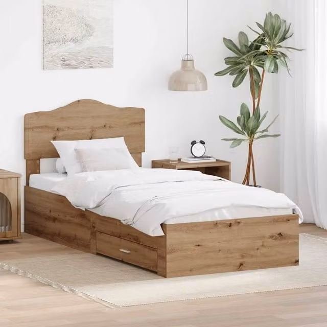 Berkfield Home Artisan Oak Bed Frame with Drawer, Brown Engineered Wood, W/D/H: 90 x 190 cm – 1