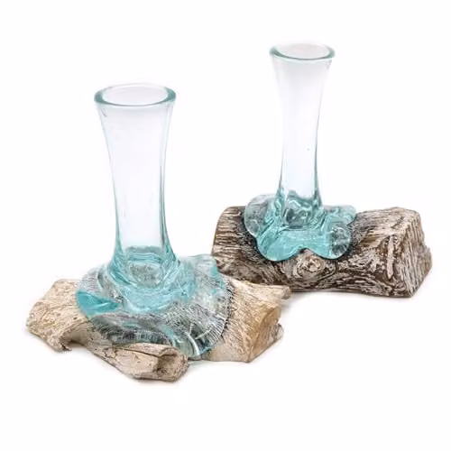 Serenityy Small Modern Molten Glass and Whitewash Wood Vase in White