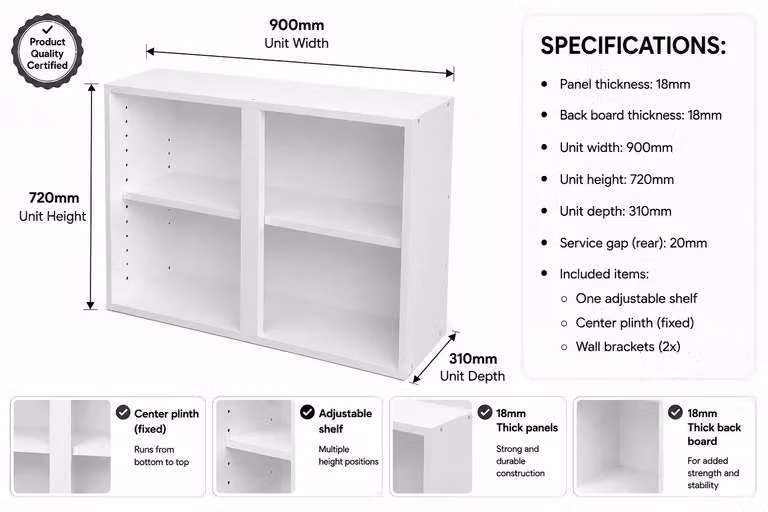 Cheap Furniture Warehouse White Matt Kitchen Wall Unit with Internal Shelves, W: 90.0 cm