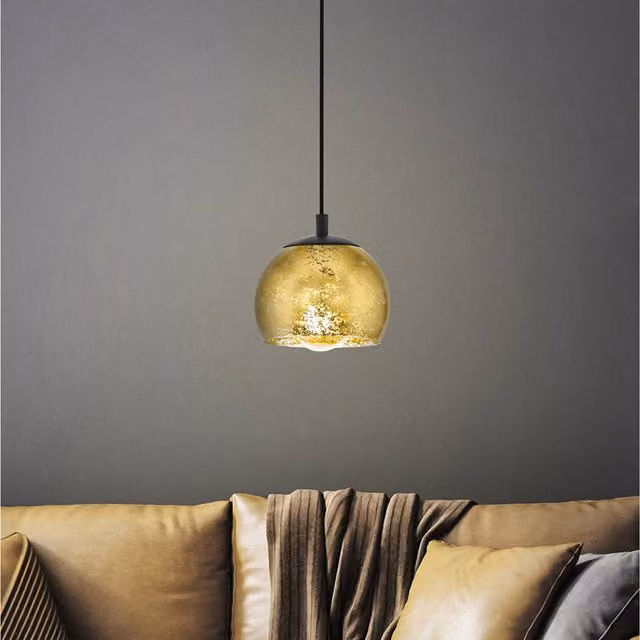 Eglo Albaraccin Modern Suspended Pendant Light in Black Steel and Gold-Leaf Glass