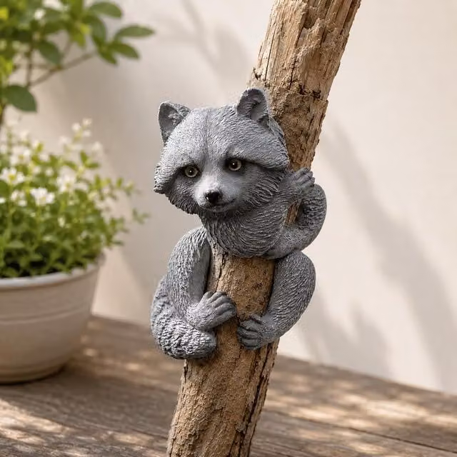Marco Paul Raccoon Tree Peeker Resin Garden Ornament in Grey