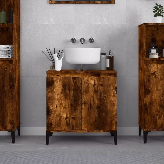 Berkfield Home Smoked Oak Sink Cabinet in Brown, W/D/H: 58 x 33 x 60 cm