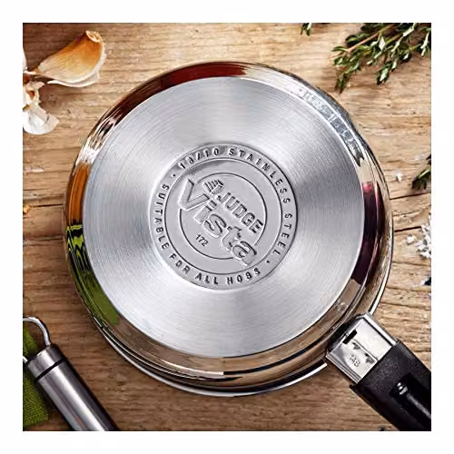 Judge Vista Silver Stainless Steel Non-Stick Large Saucepan with 20cm Diameter and 2.1L Capacity, featuring a Shatterproof Vented Glass Lid, Induction Ready and Oven Safe – 2