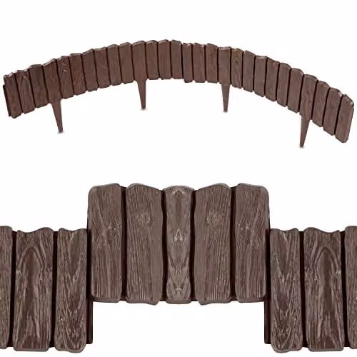 SolaDirect Brown Wood Bark Effect Plastic Lawn Edging Border Palisade with Ground Stakes – 2