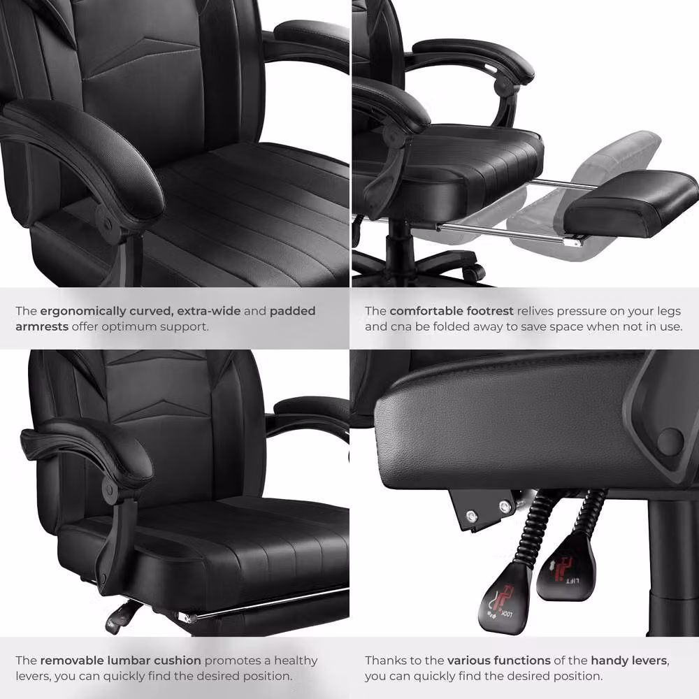 tectake Comodo Gaming Chair in Black with Synthetic Leather, Footrest and Adjustable Backrest – 5