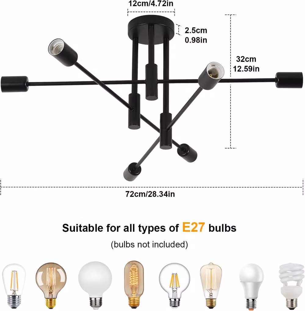 COMELY Sputnik 6-Light Semi Flush Mount Ceiling Chandelier in Black – 3