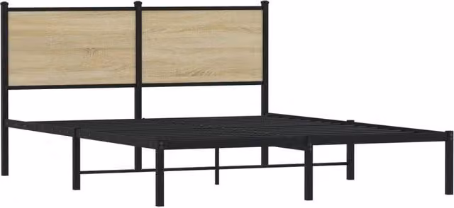 Berkfield Home Metal and Wood Bed Frame in Sonoma Oak Brown, W/D/H: 140 x 200 x 91.5 cm