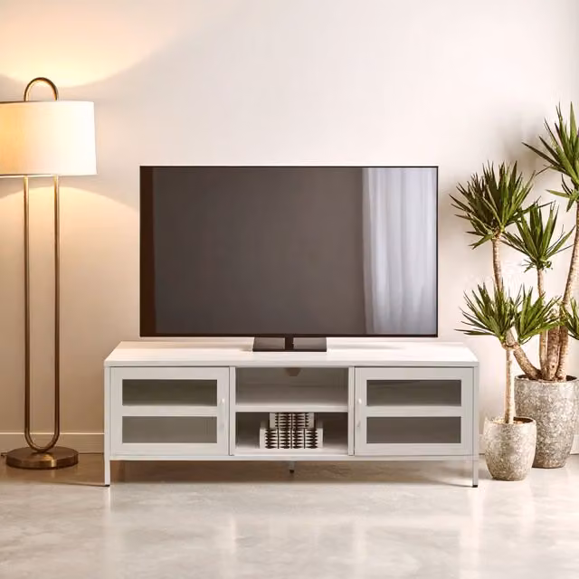 Orsina Industrial Two Door White Metal and Glass Media Unit – 1