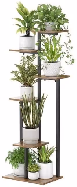 Nordara 6 Tier Vintage Wood and Metal Corner Plant Stand in Black