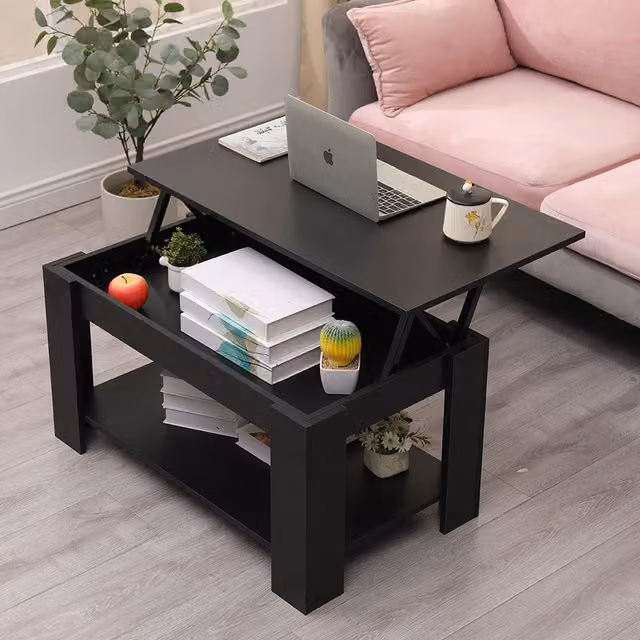 HMD Black and Grey Modern Lift-Up Top Coffee Table with Storage Shelf