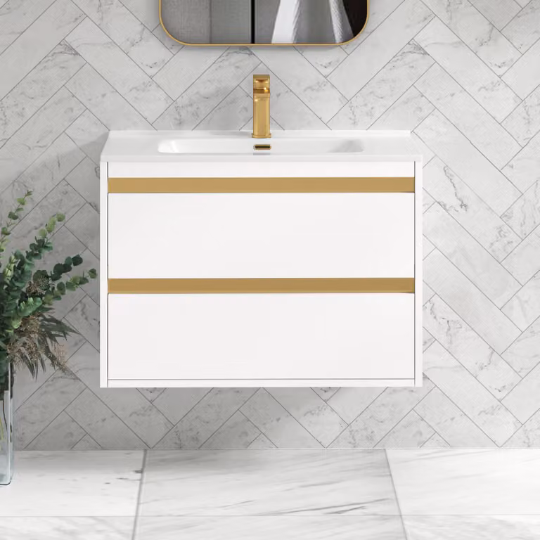 Royal Bathrooms Orion 800mm Matt White 2 Drawer Wall Hung Vanity Unit with Ceramic Basin and Brushed Brass Accent Trim