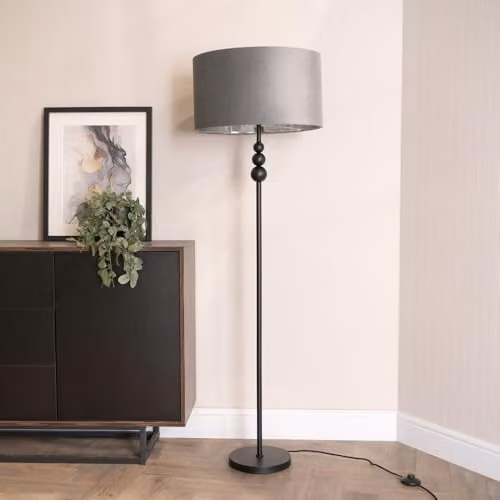 ValueLights Marissa Black Floor Lamp with Grey Velvet and Chrome Inner Shade and Warm White Bulb – 2
