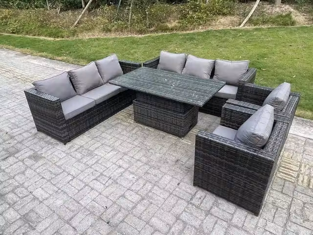 Fimous 8 Seater Outdoor Rattan Garden Furniture Set with Height Adjustable Lifting Table in Dark Grey