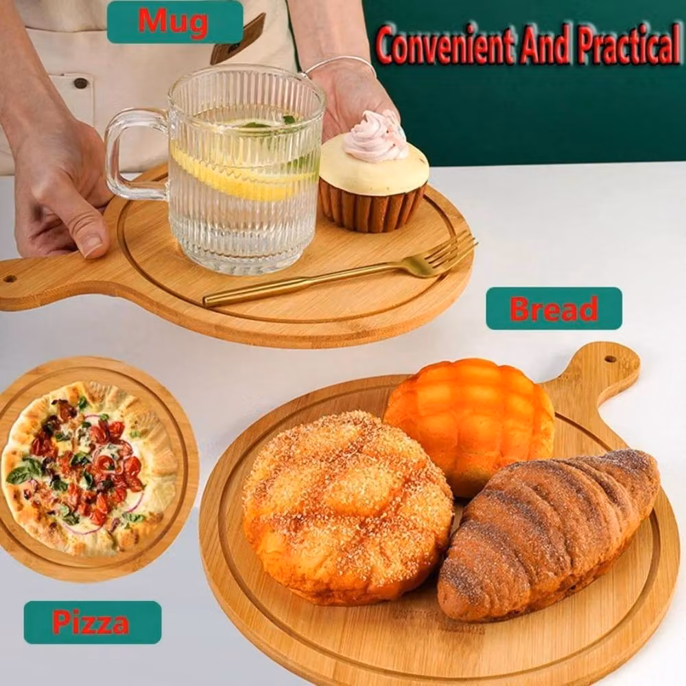 Havendro Round Solid Bamboo Wooden Pizza Serving Tray, Brown, Diameter: 27.94 cm – 4