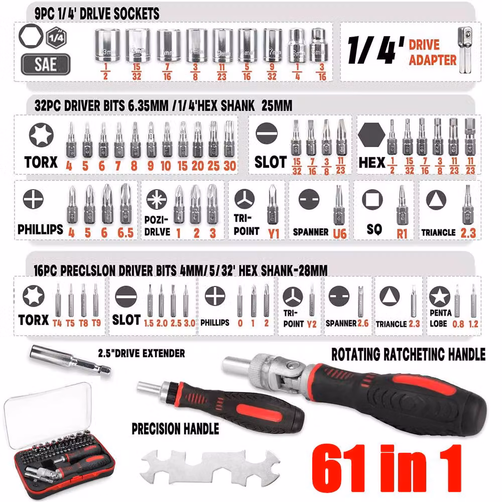 Ventryn 61-Piece Manual Ratchet Screwdriver Set with 1/4in Hex Shank Bits in Black – 2