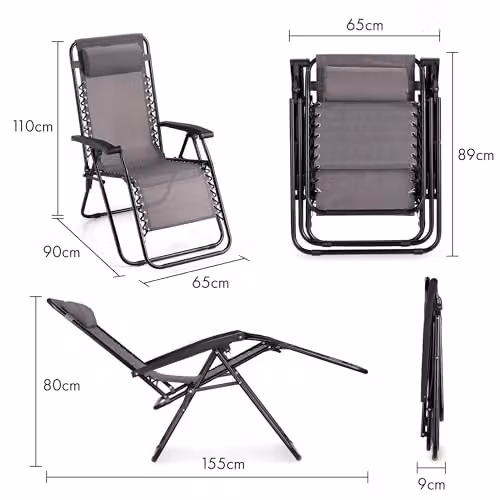 VonHaus Set of 2 Grey Zero Gravity Reclining Sun Loungers with Textilene Fabric and Detachable Head Pillows – 3
