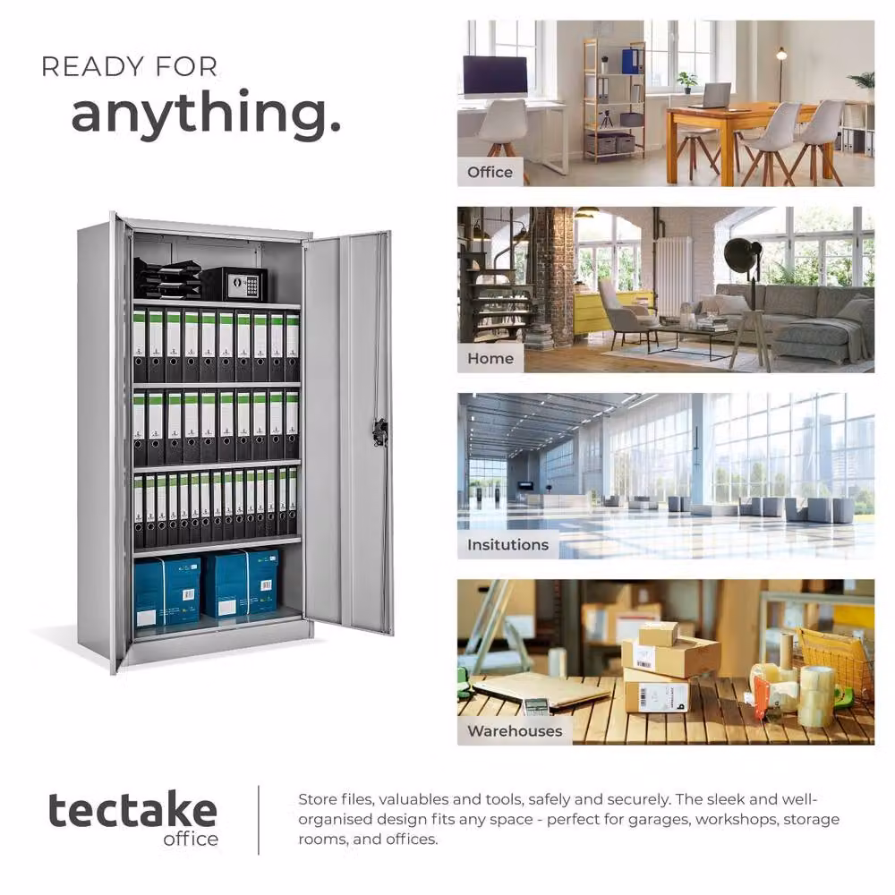 tectake Blain Metal Filing Cabinet in Grey with Lockable Hinged Doors and Adjustable Shelves – 5