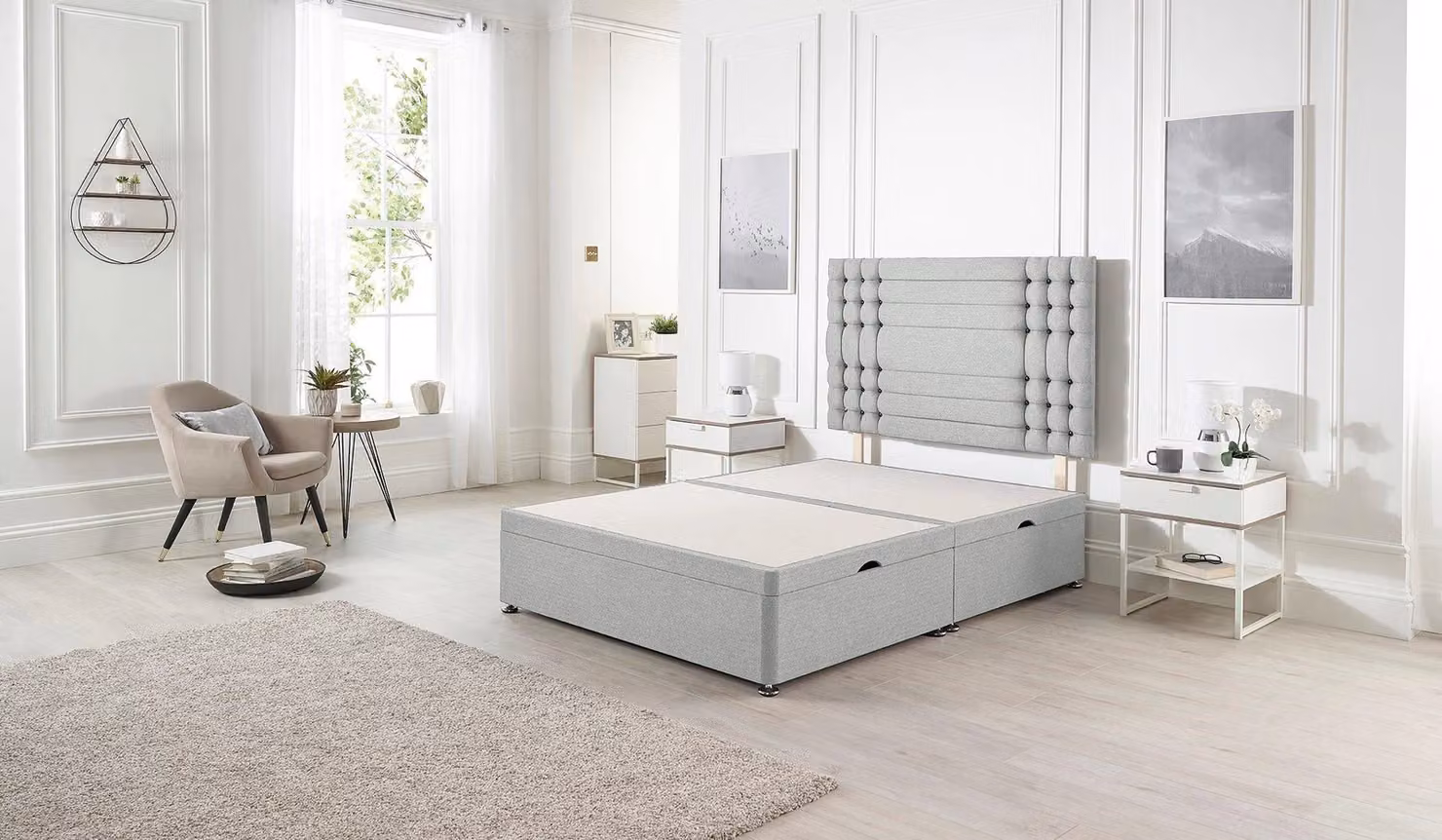 Somnior Flexby Single Ottoman Bed with Headboard in Light Grey Linen Fabric