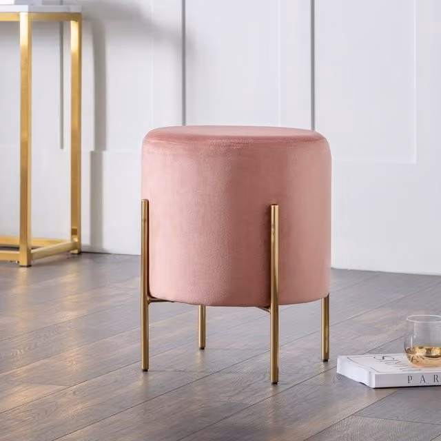 Julian Bowen Harrogate Pink Velvet Fabric Stool with Gold Metal Frame, W/D/H: 41.5 x 50.5 x 41.5 cm – 1