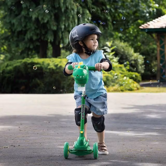 Xootz Bubble Go Dinosaur Scooter, Foldable 3 Wheel Kids Scooter with Bubble Machine in Green and Yellow