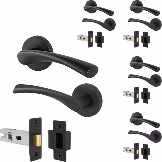 AFIT Matt Black Internal Door Handles with Latch and Rose, 5 Pairs, W/D/H: 15.0 x 15.0 x 15.0 cm