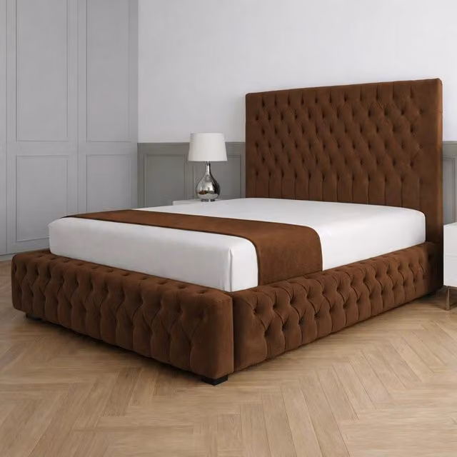 Living Comfort Bedz Countess Small Double Plush Velvet Upholstered Bed with Slatted Base and 48 Inch Headboard in Brown, W/D/H: 120 x 200 cm