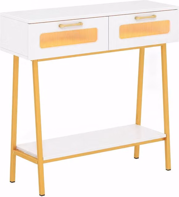 Gymax White Farmhouse Console Table with Colourful LED Lights and Rustic Wood Finish