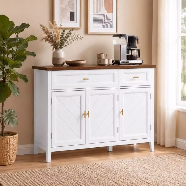 STILVORA Modern White Lacquered Sideboard Storage Cabinet with 2 Drawers and Shelves